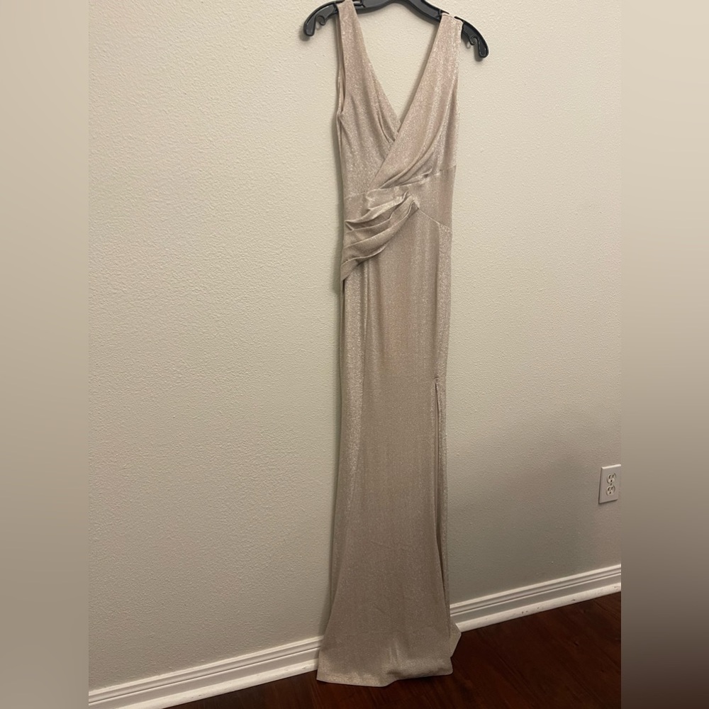 floor length champagne dress. never been worn. tags are still on.